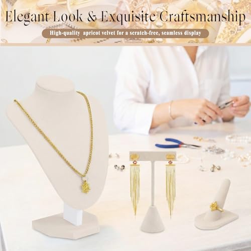 Wenqik 3 Pcs Velvet Jewelry Display Set Velvet Necklace Bust Holder T Shape Earring Stand Ring Finger Jewelry Holder (Linen) - color: Linen