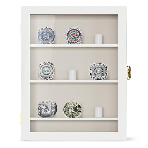TJ.MOREE Championship Ring Display Case, 9 Ring Posts Baseball Ring Display Case, 8 x 10 Wall Mount Wooden Glass Shadow Box with Locks to Show Sport, Class, Fraternity, and Award Rings - White - color: 9 Posts-white-rectangle