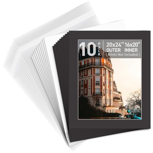 Golden State Art, Pack of 10, Pre-Cut 20x24 Black Picture Mat Kit for 16x20 Photo, 10 White Core Bevel Cut Mattes, 10 Backing Boards and 10 Clear Bags - color: Black, size: 20x24 for 16x20 (10 Pack)