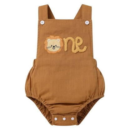 IMEKIS Baby Girls Boys Boho 1st Birthday Outfit Backless Overalls Romper for Cake Smash Photo Shoot - color: Brown Lion One, size: 9-12 Months