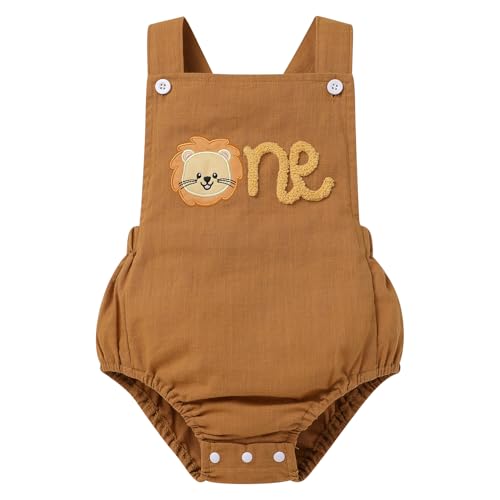 IMEKIS Baby Girls Boys Boho 1st Birthday Outfit Backless Overalls Romper for Cake Smash Photo Shoot - color: Brown Lion One, size: 9-12 Months