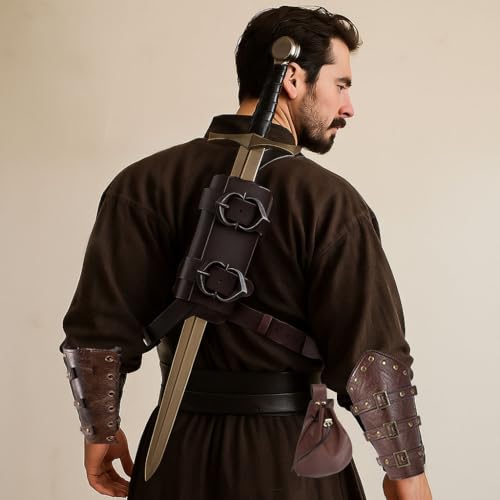 Medieval Back Sword Frog Holder Bracers Belt and Belt Pouch Viking Warrior Costume Renaissance Accessory Cosplay Props - color: Brown