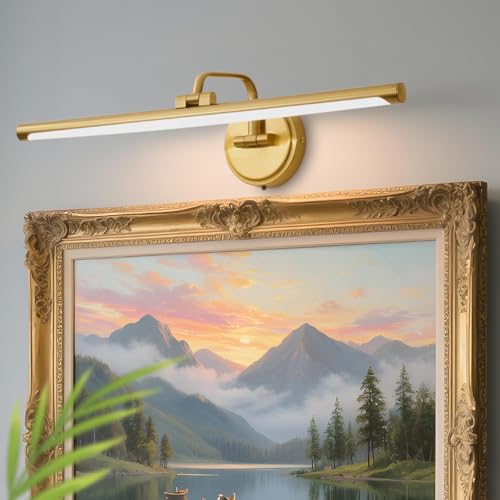 Hardwired Picture Light for Wall, 24 Inch Modern Brass Dimmable Frame Light with Adjustable Swing Arm, 3CCT LED Art Display Light for Paintings,120 Volts Gallery Wall Light, Hallway Vanity Light, 8W - color: Gold, size: 24" Long Dimmable