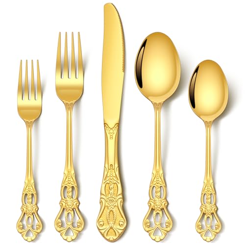 Stapava 40 Pcs Retro Royal Gold Silverware Set, Stainless Steel Gold Utensils Cutlery Set for 8, Gorgeous Flatware Set Include Forks Spoons and Knives set, Dishwasher Safe, Mirror Polished - style: Retro Royal Gold