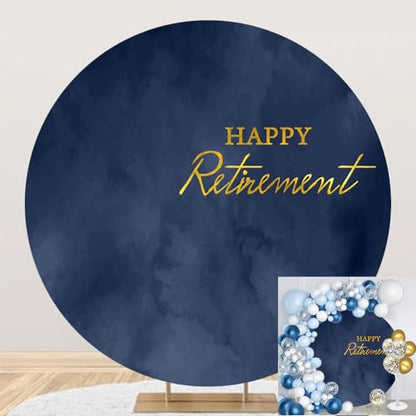 Navy Blue Marble Happy Retirement Round Backdrop Cover 7.2x7.2ft Happy Retirement Circle Backdrop Cover Calm Navy Blue Marble Texture Photography Background for Men Party Decor Portrait Props
