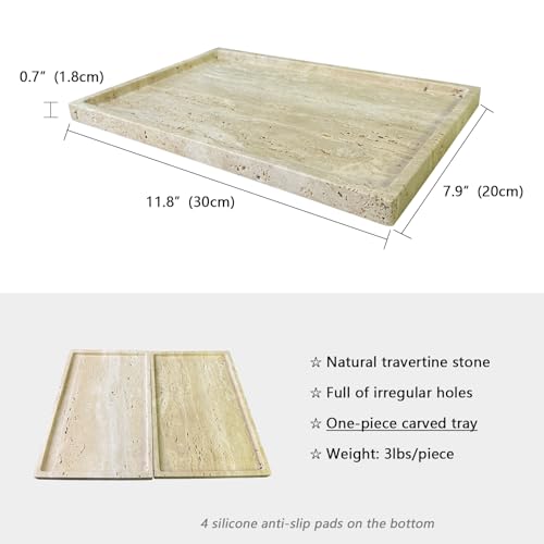 Real Natural Travertine Tray Genuine Marble Stone Tray for Coffee Table/Bathroom/Vanity (Beige Travertine, 12" x 8") - color: Beige Travertine