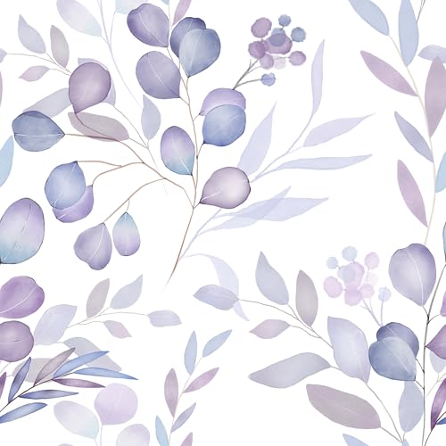 Boho Purple Leaf Peelable Wallpaper, Soft Watercolor Eucalyptus Botanical Leaves Design Self Adhesive Vinyl Casual Contact Paper for Drawer Cabinet Door Wall Decor in Violet White 17.5" x 78" - color: White/Purple, size: 17.5" x 78"