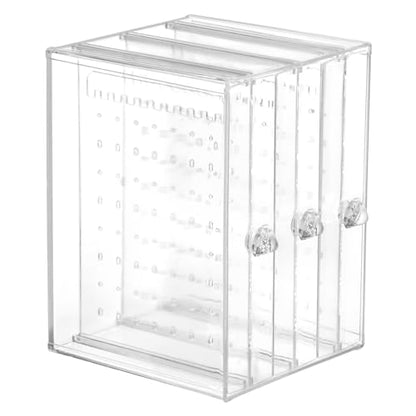 QWORK Clear Acrylic Jewelry Storage Box - Earring Display Stand Holder with 3 Vertical Slide-Out Drawers, 216 Earring Holes & 36 Necklace Grooves