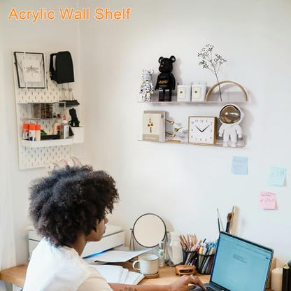 24'' Clear Acrylic Wall Long Shelf 2 Pack, Acrylic Floating Book Shelves, Wall Mounting Invisible Ledge Book Shelf - color: Clear, size: 24 Inch