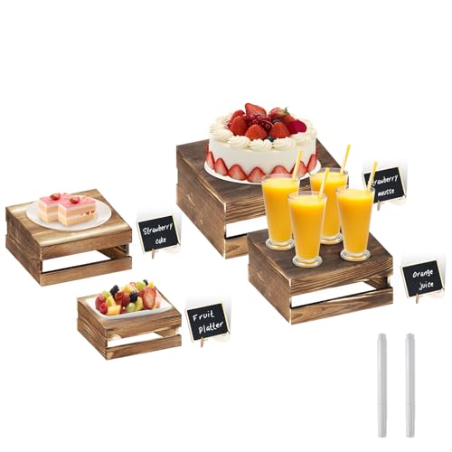 4 Pcs Buffet Risers with Mini Signs, Rustic Wood Cake Stands, Food Risers for Buffet Table, Dessert Display Stand, Wood Crates, Rustic Cake Stand for Party, Wedding, Birthday, Baby Shower, 4 Sizes - color: Rustic Dark Brown, size: 4 Pcs (8.0", 7.0", 6.5",