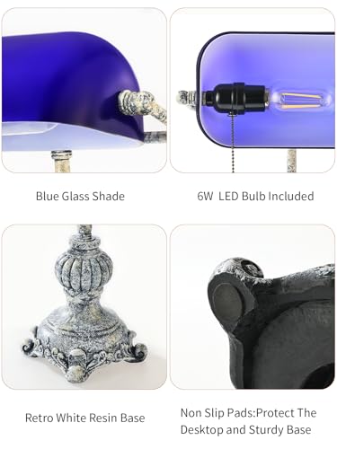 Retro Blue Glass Bankers Desk Lamp for Home Office,Library with Pull Chain Switch Plug in Fixture, LED Bulb Included - color: Antique +Blue