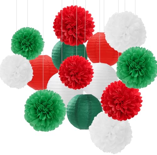 Red-Green White Party-Decorations Christmas Flowers Lanterns - 15PCS Italian Mexican Independence Day Paper Tissue Pom Poms Streamers,Mexico Italy Birthday Baby Shower Wedding Hanging Decor Hugfond - color: Red White Green
