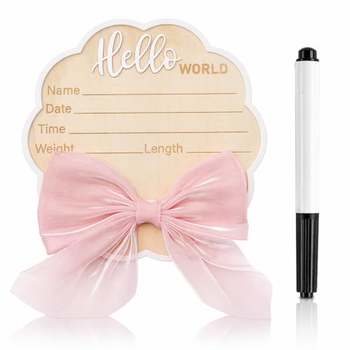 Flower-Shaped Newborn Announcement Sign for Baby Girl, Wooden Hello World Birth Stats Board with Pink Bow, Hospital Photo Prop, Baby Name Keepsake - color: Pink Bow