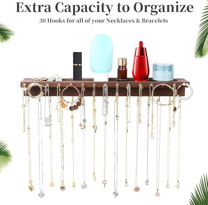 YYILIS Necklace Holder, Upgraded Extra Large Wall Necklace Organizer with 30 Hooks Wall Mounted Necklace Hanger with Jewelry Tray/Cosmetics Shelf Rustic Pine Wood Holder (Walnut) - color: Walnut
