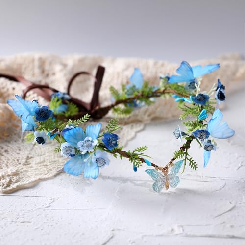 MOSTORY Handmade Fairy Butterfly Crown - Elf Flower Hadpiece Elven Headband for Women s Spring Wedding Maternity Shoot - color: Blue