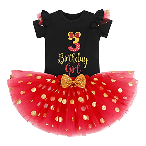 IBTOM CASTLE Cake Smash Half 1st 2nd 3rd Birthday Girl Princess Polka Dots Ruffle Skirt Set ONE Party Costume Headband - color: Red+black-3rd, size: 3T