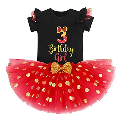 IBTOM CASTLE Cake Smash Half 1st 2nd 3rd Birthday Girl Princess Polka Dots Ruffle Skirt Set ONE Party Costume Headband - color: Red+black-3rd, size: 3T