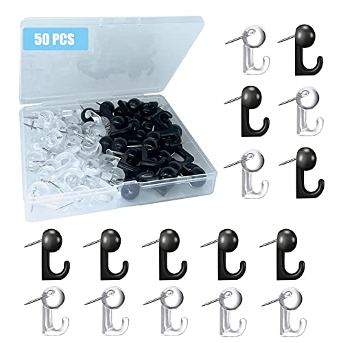 50 PCS Push Pin Hooks, Plastic Heads Cork Board Hooks Decorative Thumb Tacks Hook for Photo Wall, Bulletin Board, Home Wall, Home Office School Supplies (Black and Clear) - color: Black and Clear