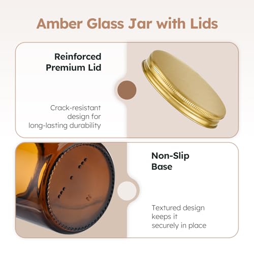 Tecohouse 8oz Amber Glass Jars with Gold Metal Lids, 3 Pack Candle Jars with Blank Labels, 250g Wide Mouth | Lotion Container for Sample, Cream, Lotion, Honey, Powder, Jelly | Home & Beauty - color: Amber-Gold Lids