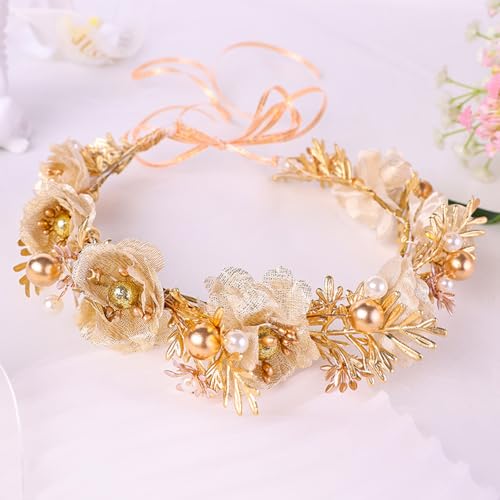 Adjustable Flower Crown Headband for Women - Floral Garland Hair Wreath with Crystal Accents Perfect for Weddings Flower Wands Photo Props (Gold Flower Pearl, Adjustable) - color: Gold Flower Pearl