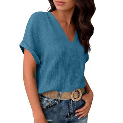 Womens Shirts Cotton Linen v Neck Short Sleeve Blouses Casual Loose Fit Textured Summer Pullovers Daily Wear - color: A04-navy, size: X-Large
