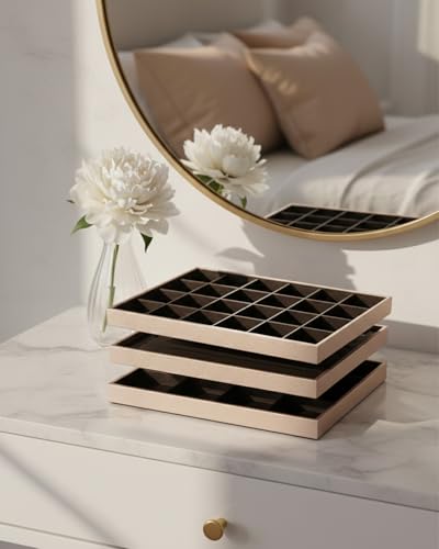 Rocutus Jewelry Trays,3 Pack Stackable Velvet Jewelry Organizer Tray Drawer Jewelry Storage Tray,Divided Ring Organizer Tray for Earrings, Necklaces, Bracelets,13.8"x9.5"x1.2" (Champagne Gold) - color: Champagne Gold