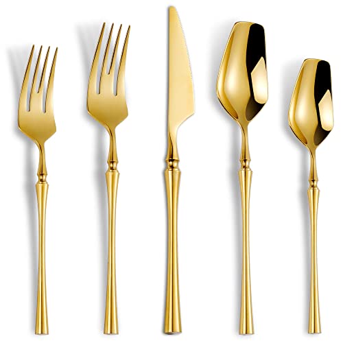 Lemeya 20-Piece Gold Silverware Set for 4,Modern 18/10 Stainless Steel Flatware Set,Unique Rustic Cutlery Utensils Set,Spoon and Fork Set for Home, Restaurant,Wedding,Mirror Polished,Dishwasher Safe - color: Gold 20 Pieces Set with Dessert Spoon