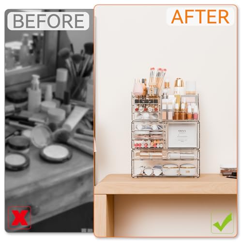 Yieach 3 Pack Clear Makeup Organizer Countertop for Dresser,Vanity and Bathroom Counter Organizer,Tiered Stackable Makeup Acrylic Organizers with 9 Drawer for Skincare,Brush and Make up Holders - style: 9 Drawers