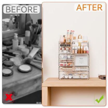 Yieach 3 Pack Clear Makeup Organizer Countertop for Dresser,Vanity and Bathroom Counter Organizer,Tiered Stackable Makeup Acrylic Organizers with 9 Drawer for Skincare,Brush and Make up Holders - style: 9 Drawers