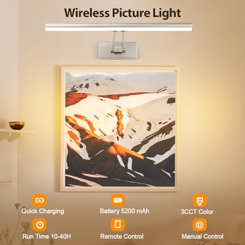 Battery Operated Picture Light,16inches Wireless Art Light for Paintings, Rechargeable Wall Art Lamp with Remote, 3 Color Changing Display Lighting for Gallery,Artwork, Wall Frame - color: Satin Nickel