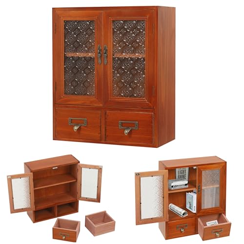 Vintage Tabletop Organizer with Drawers &Glass Door -Display Cabinet for Desk - Wooden Desktop Storage Box Organizing Makeup Jewelry Sewing Craft Skincare Toys Cups Toiletries-Brown