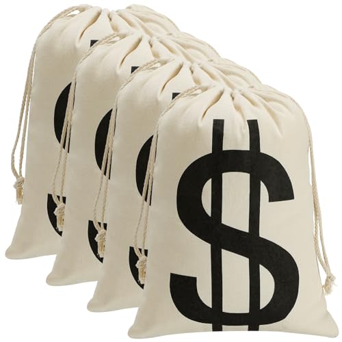 4Pcs 11.8 x 15.7 Inches Canvas Money Bags - Halloween Prop Money Bag with Dollar Sign, Money Sacks for Bank Robber Costume Pirate Cosplay Theme Party - size: L-11.8 X 15.7 in