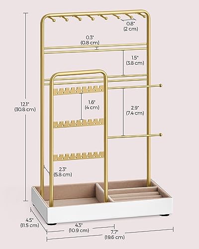 SONGMICS Necklace Holder, Jewelry Stand Holder Organizer, Jewelry Display with Metal Frame, Velvet Tray, Earring Bracelet Holder, for Gift Idea, 4.5 x 7.7 x 12.1 inch, Pale Gold UJJS021A01 - color: Pale Gold, size: 4.5"D x 7.7"W x 12.1"H