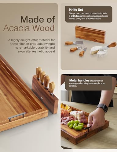 TIDITA Acacia 30 Inch Large Charcuterie Boards for Party with Cheese Knife Set of 4 – Acacia Wood Serving Tray with Handles, Long Charcuterie Board, Wooden Cheese Board - color: Acacia, size: 30" x 12" x 1.5"