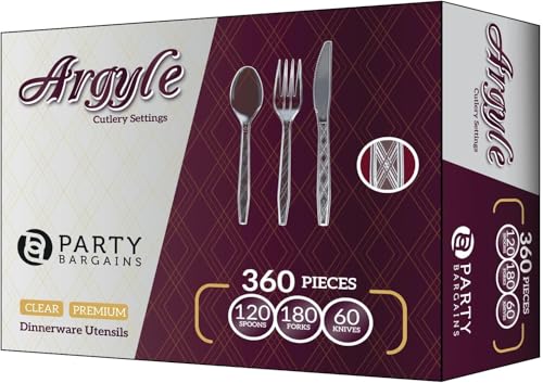 PARTY BARGAINS Argyle Settings Clear Plastic Cutlery Set 360‑Piece – 180 Forks, 120 Spoons, 60 Knives – Heavy‑Duty Disposable Utensils for Parties, Weddings, Buffets, BBQs & Catering – BPA Free - color: Argyle Clear, size: 360 Pieces