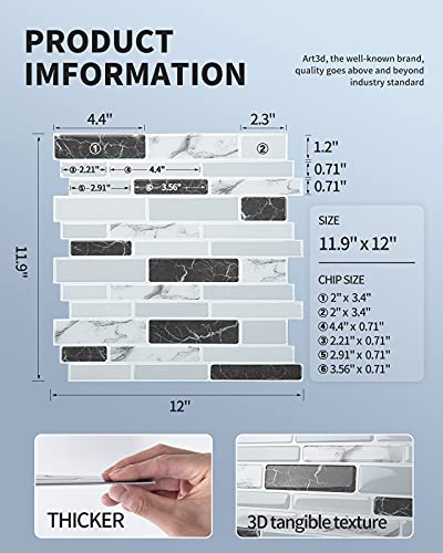 Art3d Thick Peel-and-Stick Kitchen Backsplash Tile, 10-Sheet Marble Design Self Adhesive Wall Tiles for Kitchen Bathroom Back Splash - Grey - color: Gray Marble Thickened, size: 12" x 12" (10 Sheets)
