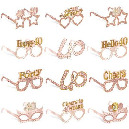 Guiruiy 24PCS 40th Birthday Eyeglasses Decorations for Women, Pink Rose Gold Happy 40th Birthday Paper Eyeglasses Party Supplies, Forty Year Old Bday Glasses Decor - style: Rose Gold 40th