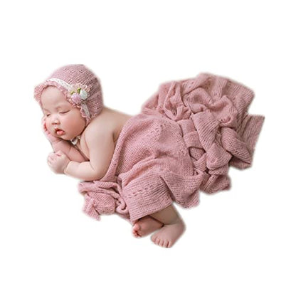 Coberllus Newborn Photography Props Girls Boys Fabric Bonnet Hat Cap & Wrap Blanket Posing Basket Stuffer Photoshoot Prop Set