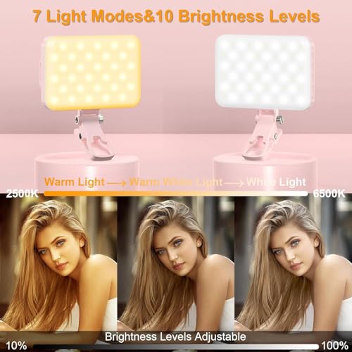 Hagibis LED Camera Light Video Lights Portable Photography Lighting 60 LED 2200mAh Rechargeable Selfie Light 7 Modes, 10-Level Brightness, Portable Clip on Light for Phone/Tablet/Laptop, Pink - color: Pink