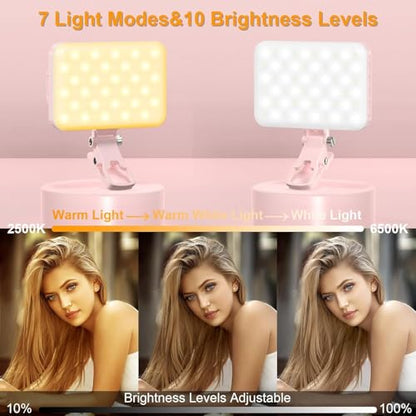 Hagibis LED Camera Light Video Lights Portable Photography Lighting 60 LED 2200mAh Rechargeable Selfie Light 7 Modes, 10-Level Brightness, Portable Clip on Light for Phone/Tablet/Laptop, Pink - color: Pink