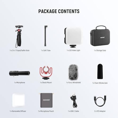 NEEWER Phone Vlogging Kit, Content Creator Essentials Kit for YouTube with LED Light, Selfie Stick Travel Tripod, Flexible Soft Tube, USB C Cardioid Microphone for iPhone, Android, Podcast, PA045