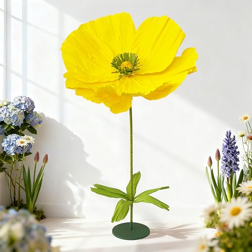 Giant Crepe Paper Flowers,5.8ft Large Paper Poppy Flowers with Base,Oversized Artistic Paper Floral Decor for Wedding,Photography Props (Yellow, Standing Flower with Base 1 Piece) - color: Yellow