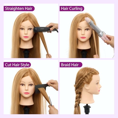Mannequin Head with 80% Real Human Hair - 28 Inch Cosmetology Hairdressing Training Head Practice Doll Head Manikin Styling Head Braiding Mannequin Head - color: Blonde#27B