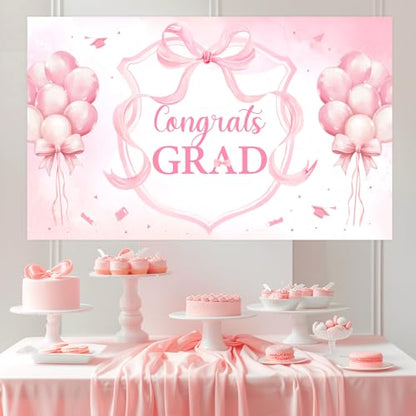 Congrats Grad Decorations Backdrop Banner Pink 5.9×3.6 ft, Bow Graduation Decorations Backdrop Background Photo Booth Prop Vinyl for Girl Class of 2026 Congrats Grad Congratulations Party - size: 5.9*3.6ft