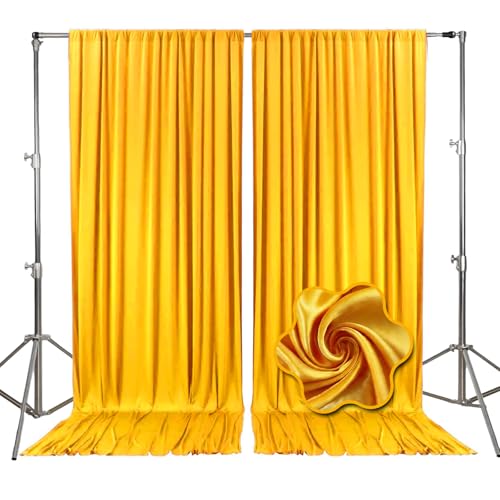 10ft x 10ft Gold Yellow Backdrop Curtains for Parties, Fabric Satin Background Curtain with Rod Pockets for Weddings, Birthday, Photography, Mother's Day, Graduation Party Backdrop Drapes, 2 Panels - color: Gold Yellow