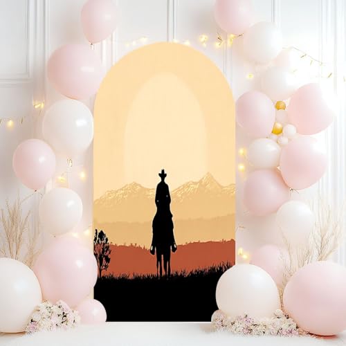 Wedding Arch Backdrop Cover 6.6FT Silhouette Lonesome Cowboy Riding Horse Sunset Spandex Fitted Arch Cover Round Top Stands Cover for Birthday Party Ceremony Banquet Decoration - color: Color4, size: 6.6x3 FT