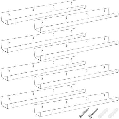 Kathfly 8 Pcs 24 Inch Clear Acrylic Floating Shelves Wall Mounted Invisible Storage Ledge for Book, Makeup Spice Picture Toy Display in Bathroom Bedroom Office Living Room