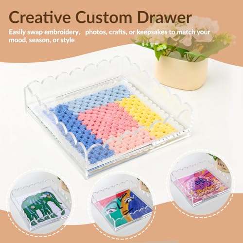 Scalloped Acrylic Tray, 9" x 9" Clear Acrylic Tray with Drawer for Insert Needlepoint,Art, Customizable Photos,Fabric,Messages Display Basket,Decorative Tray Gift for Home Office - size: 9''x9''x2.5''