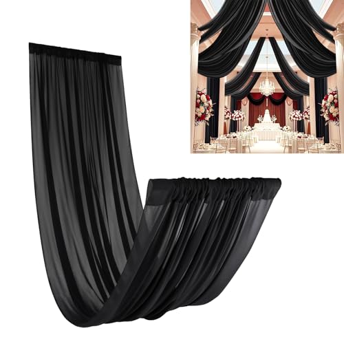 DUOBAO Black Chiffon Sheer Wedding Backdrop Curtains 5x20 FT - 6 Panels Tulle Drapes Fabric for Stage Tent Canopy, Birthday Arch Drapery, Photography Background with Rod Pocket - color: Black, size: 60"W x 240"L (Pack of 6)