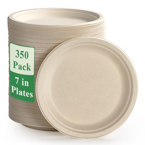 Vplus 350 Pack Paper Plates 7 inch 100% Compostable, Heavy-Duty Disposable Paper Plates Bagasse Natural Biodegradable Eco-Friendly Sugarcane - color: Nature, style: 7 IN Round Plates